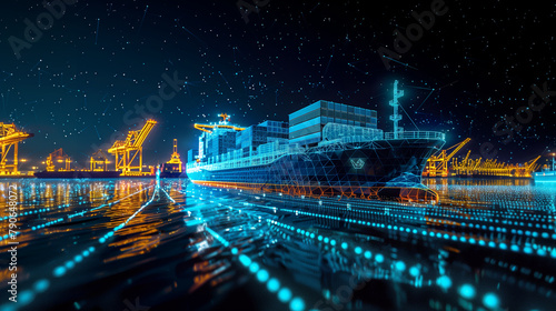 A Futuristic Wire-frame style logistics cargo shipping in the ocean at night with global network import export network connection concept