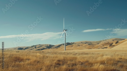 A wind turbine stands tall against a backdrop of rolling hills, harnessing the power of renewable energy