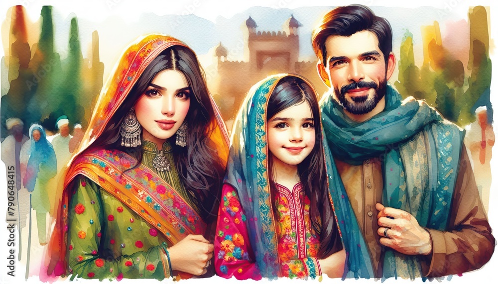 Colorful portrayal of a Pakistani family in traditional attire against the backdrop of a historical building