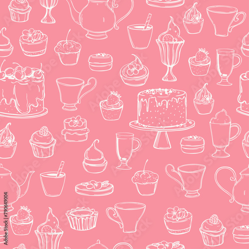 Teapots , cups and cakes. Vector pattern.