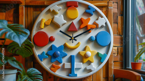 A wall clock with fun shapes and colors to make learning to tell time exciting.