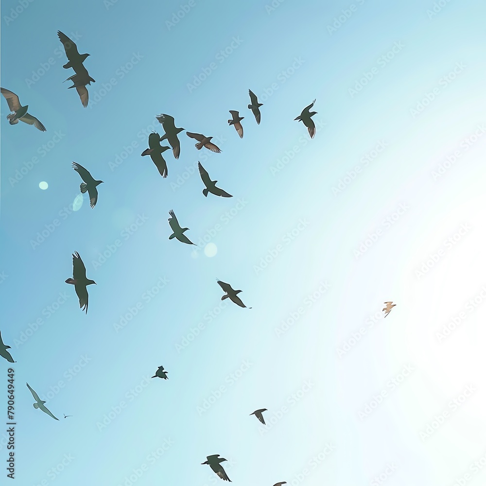 Fototapeta premium Capture a majestic low-angle view of a flock of birds flying in perfect harmony, showcasing the essence of cooperation in a realistic watercolor medium