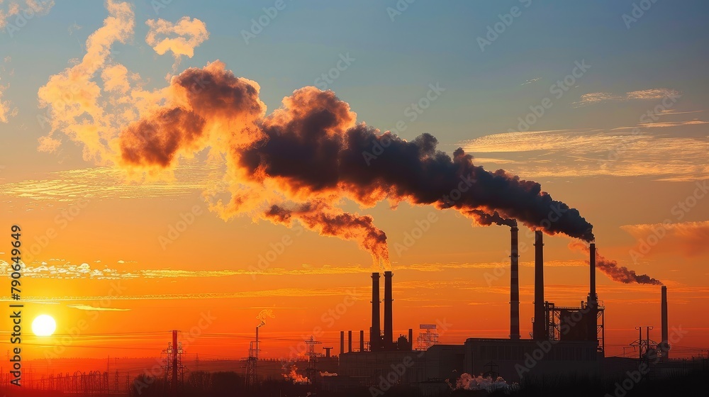 Image of a factory with smoking chimneys against a sunset sky, representing industrial pollution and environmental issues