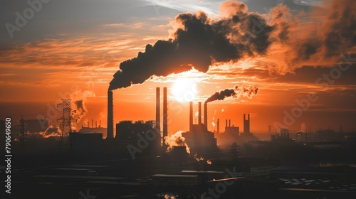 Image of a factory with smoking chimneys against a sunset sky  representing industrial pollution and environmental issues