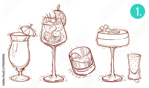 Hand drawn cocktail big set Sketch of alcoholic drinks in glasses Cocktails icon in engraved style. 