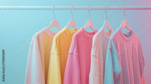 a rack of clothes that are hanging up pastel clothes