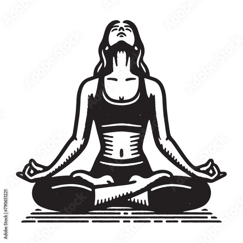 Yoga Woman. Vector black illustration. Vintage old engraving emblem, icon, logo. isolated object, cut out