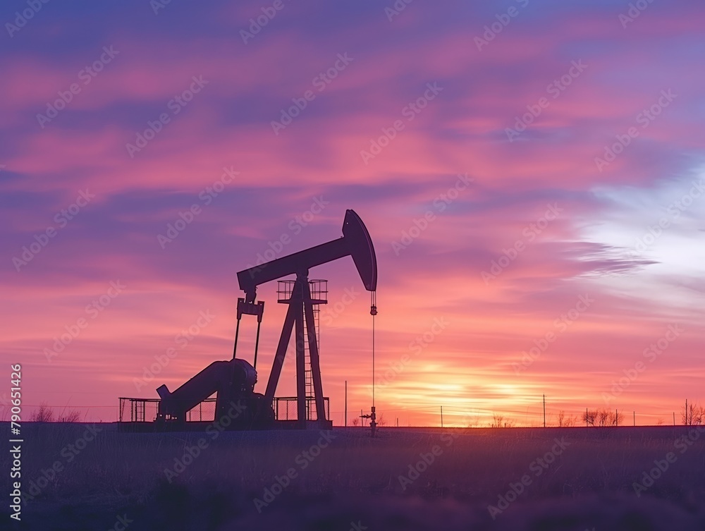 Silhouette of an oil pump jack against a vibrant sunset sky.