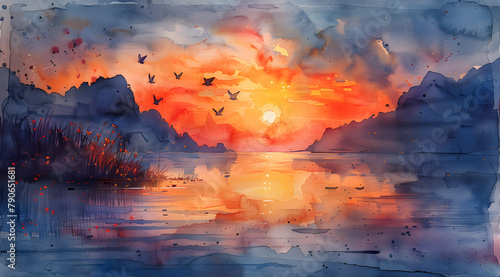 Twilight Ballet: Watercolor Painting of Coastal Scene with Butterflies in Time-Lapse