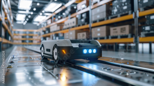 A robotic car is seen in motion on a conveyor belt inside a warehouse, part of an automated system for transportation and sorting of goods