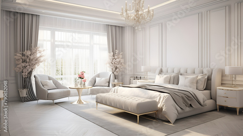 Luxury bedroom interior with marble flooring ,Modern luxury of Living and dining area with classic element and furniture,A luxurious and minimalist bedroom in a modern home  © Maira
