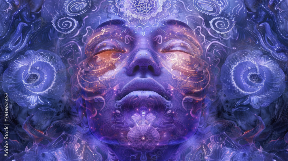 A serene female face emerges from a swirl of intricate purple patterns, suggesting a deep meditative or dream state A serene female face emerges from a swirl of intricate purple patterns, suggesting a deep meditative or dream state