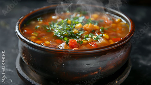 Bowl of hot soup on black background, hyperrealistic food photography