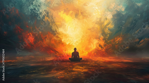 A painting depicting a person sitting in front of a crackling fire