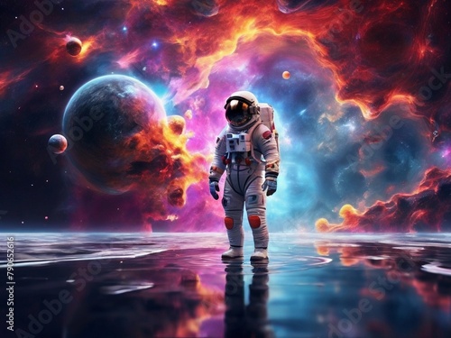 Space background of astronaut standing on reflection surface with colorful fractal nebula 