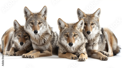 Group of coyotes resting  looking attentively forward.