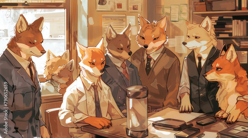 A group of foxes sitting closely together at a table, looking alert and attentive