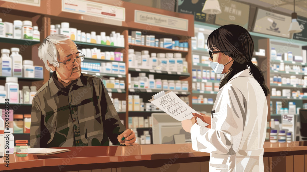 Fototapeta premium A man and woman are standing at a pharmacy counter, discussing medication or picking up a prescription