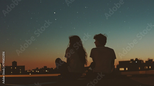 Two individuals sitting on a rooftop, gazing up at the night sky filled with stars