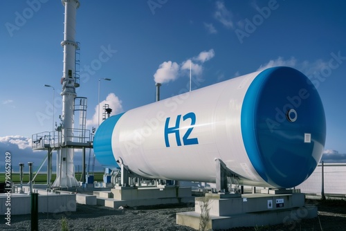 Premium Photo | Hydrogen power plant h2 fuel storage tank with power plant background sustainable energy