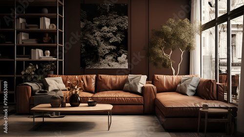 Interior of modern living room with brown leather sofa ,Luxury living room interior with furniture, interior of living room in classic style