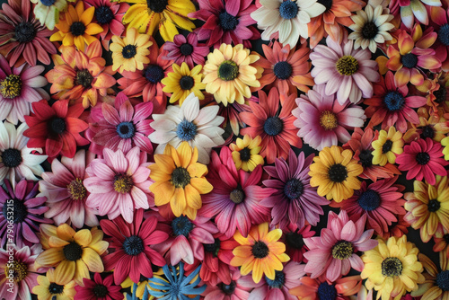 A close-up view of a vibrant bunch of colorful flowers showcasing their petals, stems, and varying shades