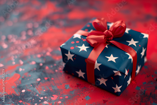 
Modern gift box with a red ribbon wrapped around it, on a blue background with the American flag pattern, isolated on a faded red backdrop. A USA national holiday concept
