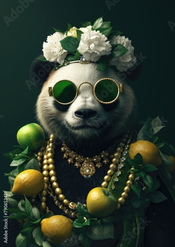 portrait of a Giant Panda,fashion Style with vintage,  stones, glasses and stylish clothes