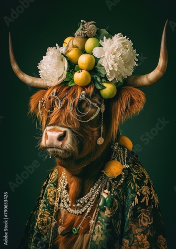 portrait of a  highland cow, fashion Style with vintage, stones glasses and stylish clothes and luxury necklace of jeweleries, hat consisting of white peonies, green apples