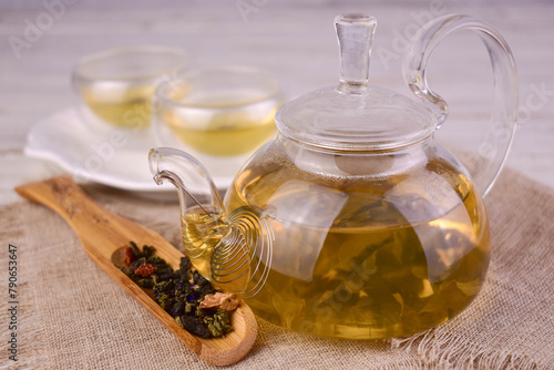 Green tea in a glass teapot. Warm drinks concept.

