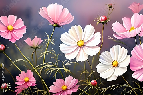 Picture of a light pink cosmos flower Pale pink petals with frilled edges contrast against a calm blue background. photo