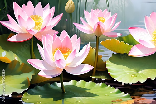 Painting of bright pink lotus Some lotus flowers are blooming in the pond.