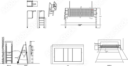 Vector sketch illustration of volleyball court net design looking from various sides