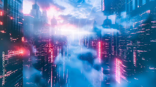 High Tech Smart City Abstract Background. Sustainability, Technology, Big Data, ICT. Futuristic, Connected, AI Powered. Urban Development, Cloud Infrastructure, 5G Network, IoT. Cyberspace Neon Glow