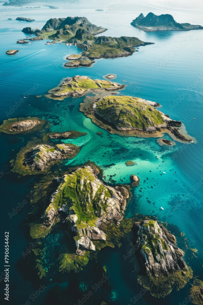 Aerial view of beautiful green islands with mountains