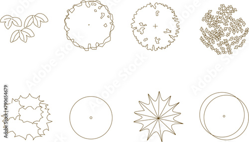 Vector sketch illustration of the design of trees and plants with branches seen from above to complete the architectural layout and site plan drawings