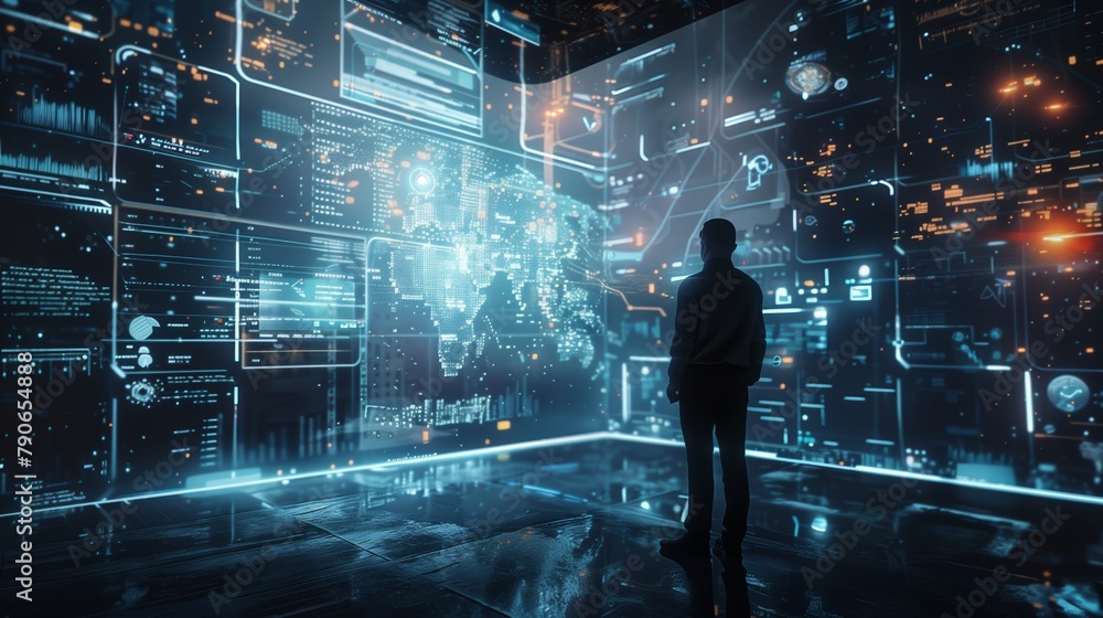 Adult businessman stands in Control System room and monitors various activities on the interface. Adult businessman stands in Control System room and monitors various activities on the interface.