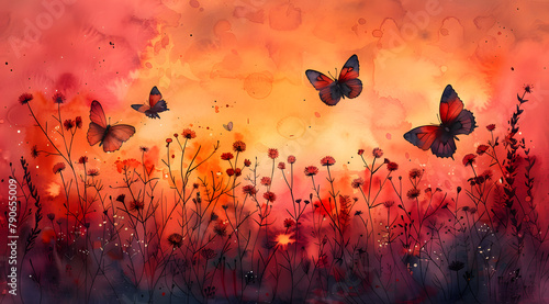 Sunset Sonata: Watercolor Melody of Reddish Hues, Butterflies, and Floral Farewell