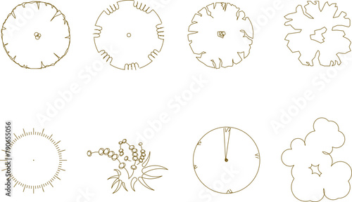 Vector sketch illustration of tree and plant designs seen from above to complete architectural layout and site plan drawings