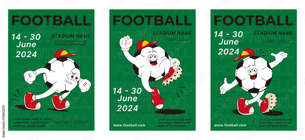 A set of posters. A cartoon soccer ball with different emotions and poses. Bright sports palette: green, red, white, black. Vector illustration. A set of posters. A cartoon soccer ball with different emotions and poses. Bright sports palette: green, red, white, black. Vector illustration.