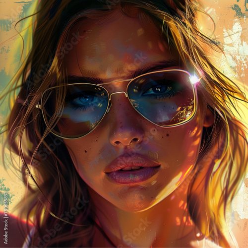 A beautiful woman with sunglasses, brown hair, fantasy art style