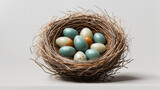 A nest with blue and tan eggs in it

