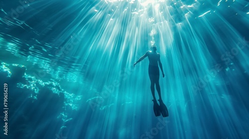 Close-up shot floating free-diver in the bight blue ocean water light rays  photo