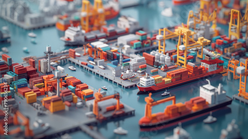 3D render minimal style complex transportation port cargo sea and land modes of transport converge near an urban cityscape with city environment concept.