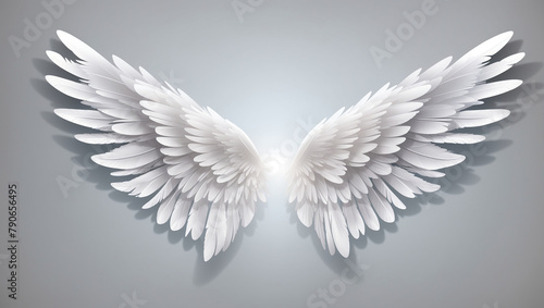 A pair of white angel wings are spread out against a gray background