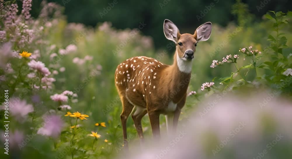 The cute deer is silent in the forest bushes full of flowers, playing a calming and sweet dreamlike video template The cute deer is silent in the forest bushes full of flowers, playing a calming and sweet dreamlike video template