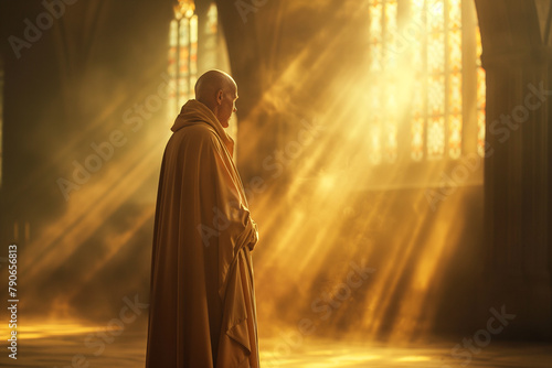 christian catholic monk or friar praying in the abbey at the window, spirituality and faith