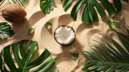 Fresh Coconut With Tropical Leaves on Textured Sand Background