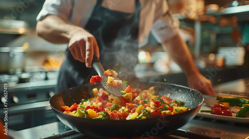 Caucasian male chef frying cut vegetables in pan in restaurant kitchen, copy space, hyperrealistic food photography