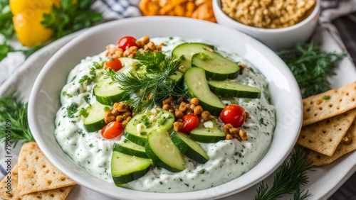 Yogurt with cucumbers, dill and chips from lavash Zaatar.